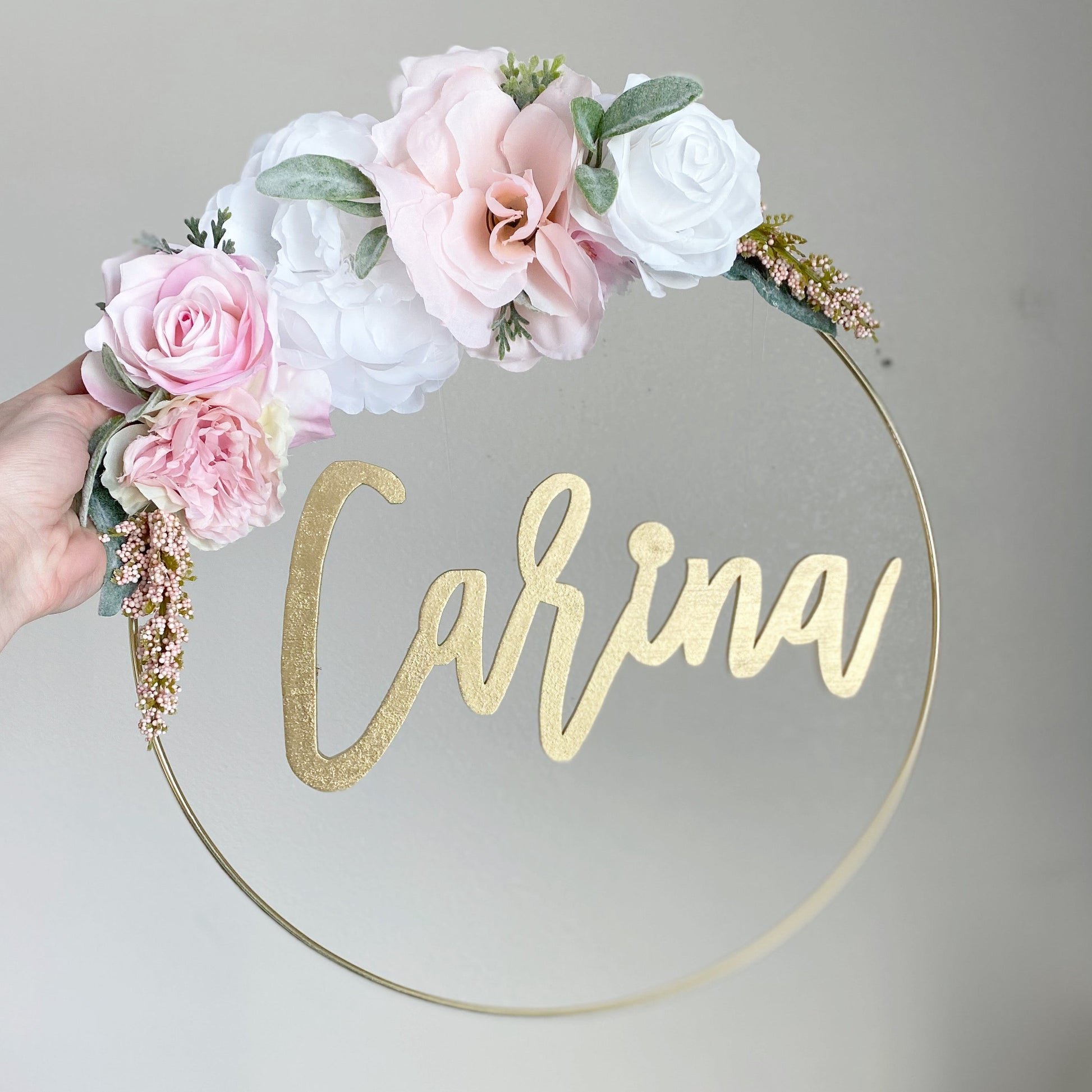 Floral hoop wreath personalized name sign on wooden board