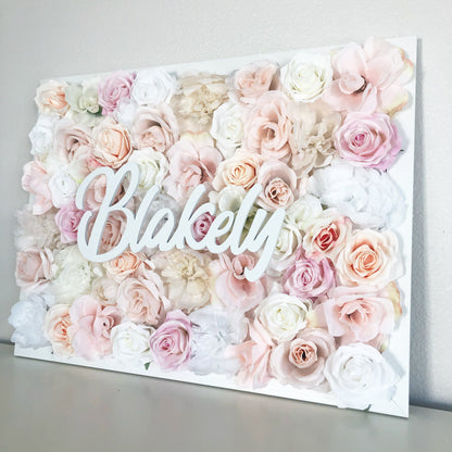 Faux Flower Wall with Name Sign Painted Wood Signs Floral Art Backdrop