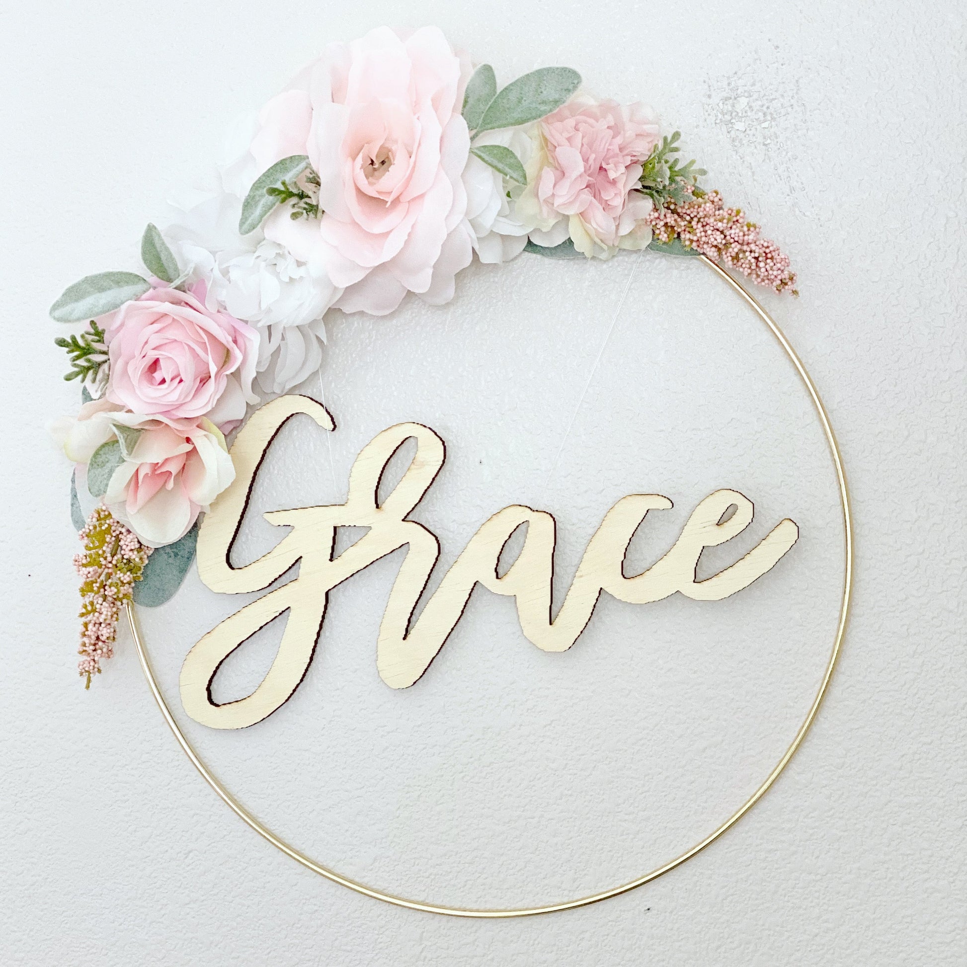 Spring floral hoop wreath gold-painted name sign