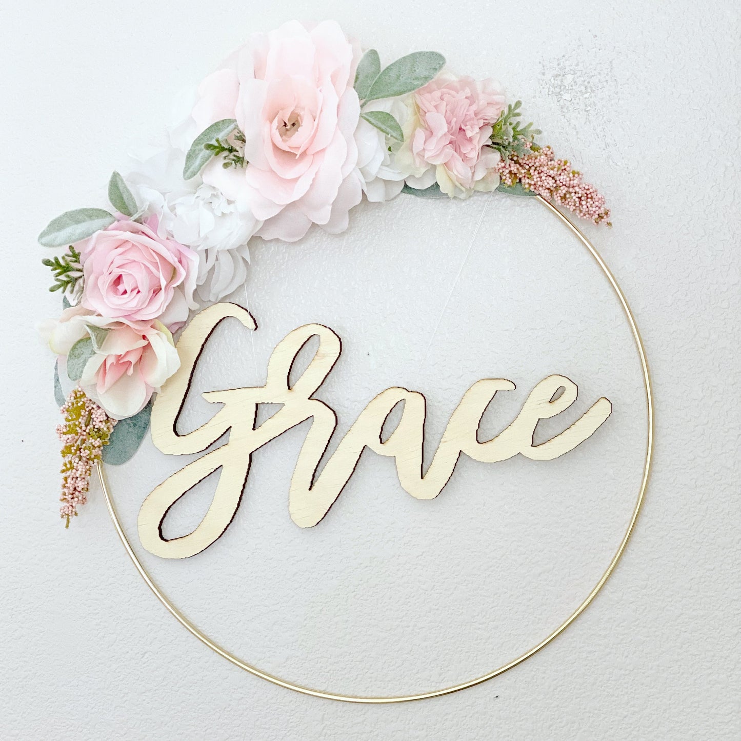 Spring floral hoop wreath gold-painted name sign