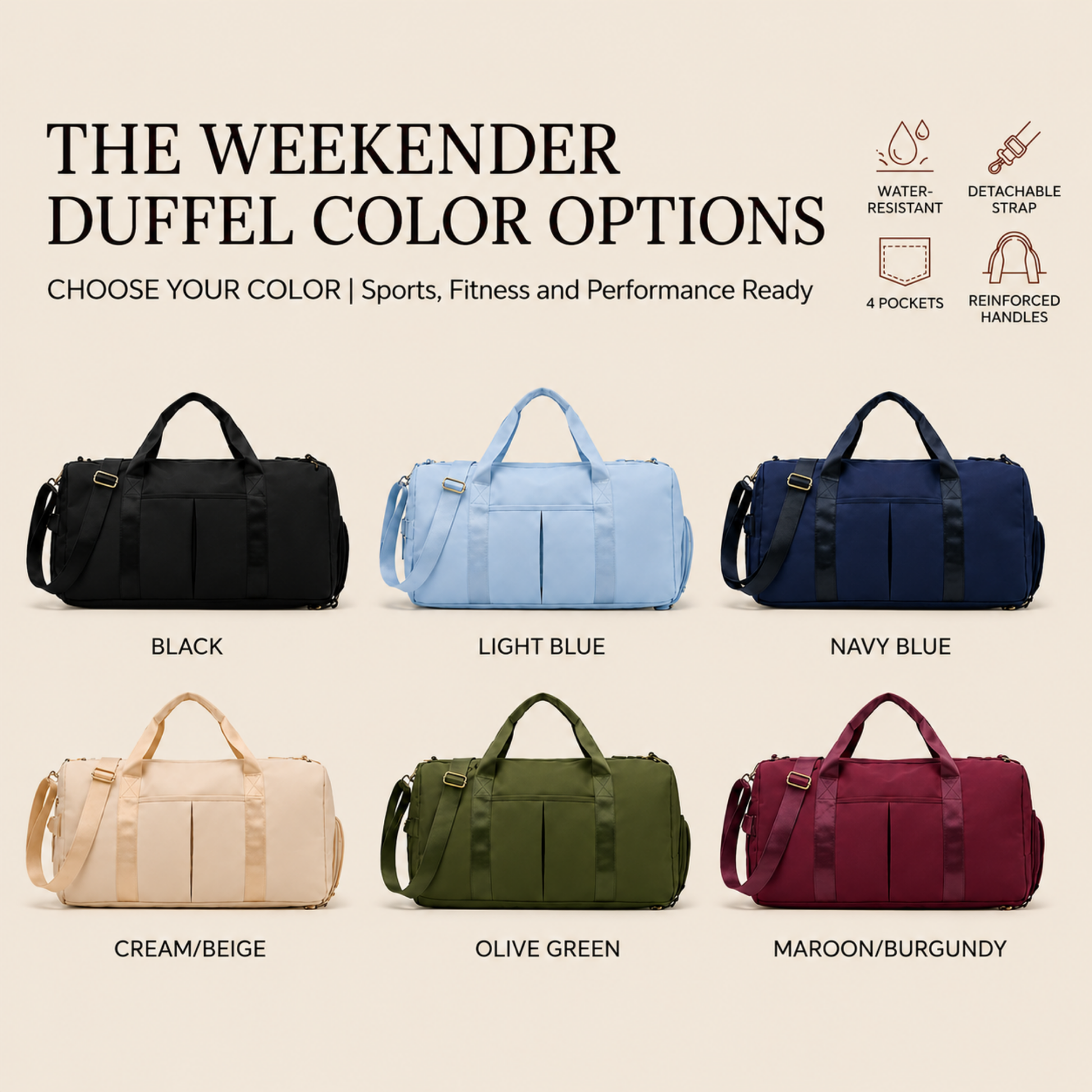 Weekender duffel bag color options with black, light blue, navy blue, cream/beige, olive green, and maroon/burgundy bags.