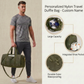 Man holding a green travel duffel bag with product features highlighted on the right.