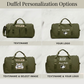 Green duffel bags with personalized text and logos on a light gray background