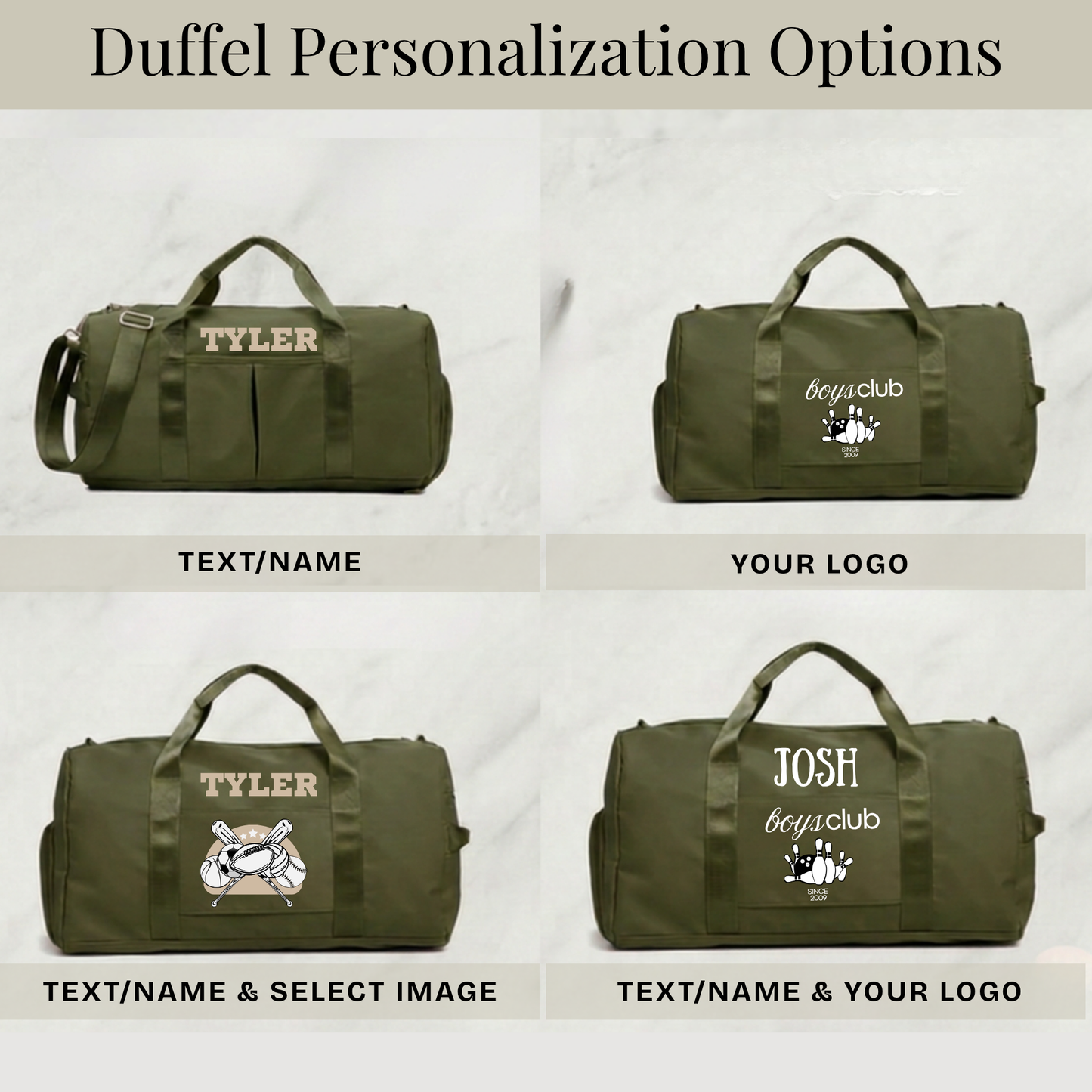 Green duffel bags with personalized text and logos on a light gray background