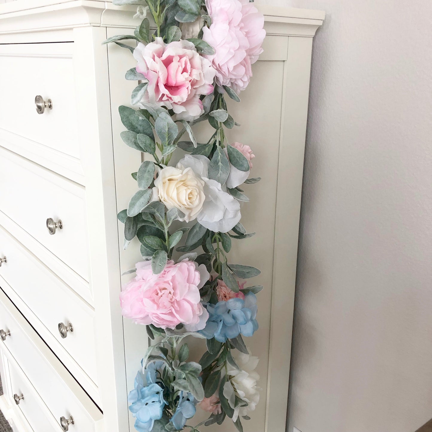 Custom silk garland nursery wedding backdrop