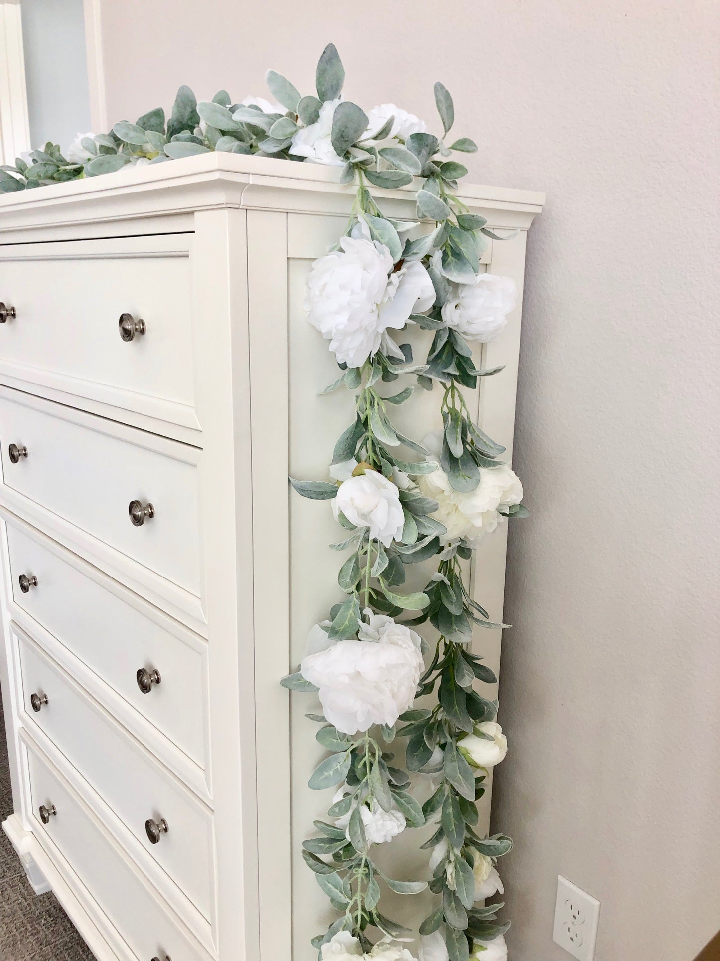 White lambs ear garland shower party decor