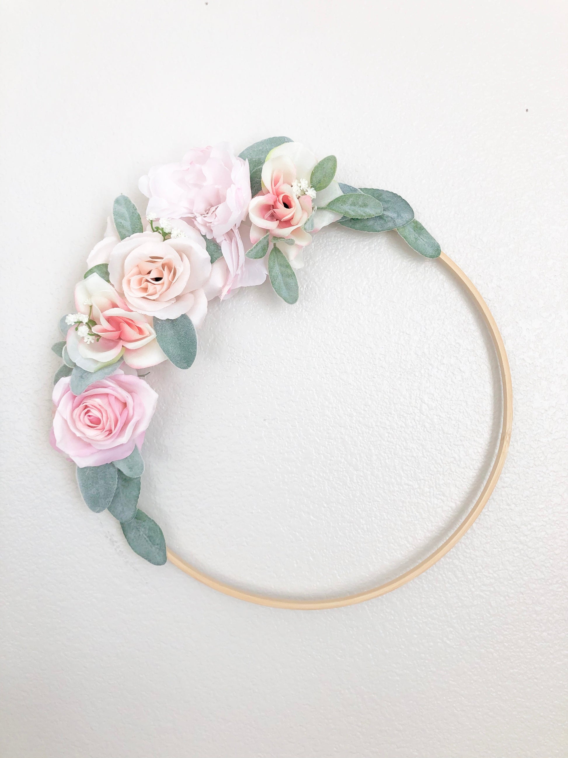 Personalized floral hoop arrangement detail with silk flowers