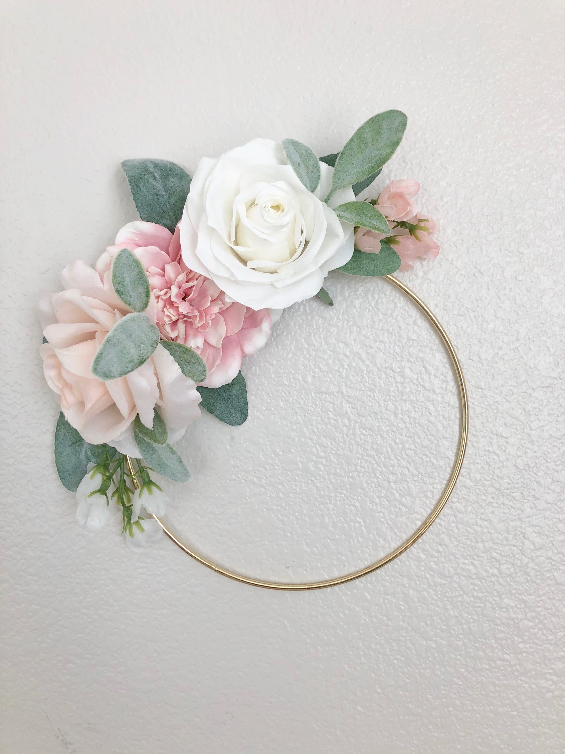 Floral hoop wreath with personalized custom lettering detail