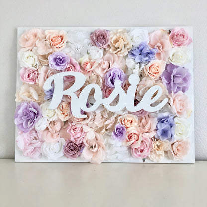 Faux Flower Wall with Name Sign Painted Wood Signs Floral Art Backdrop