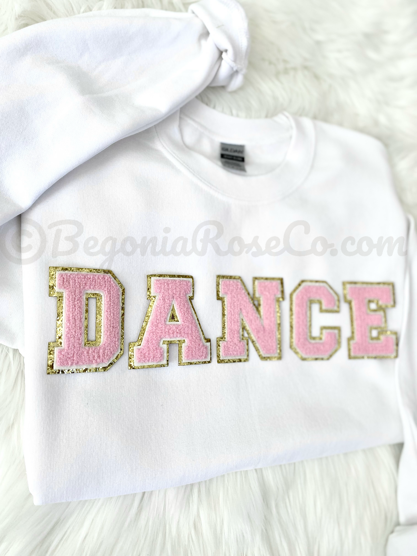 Chenille DANCE patch crewneck sweatshirt in white - gift for dancers and dance moms