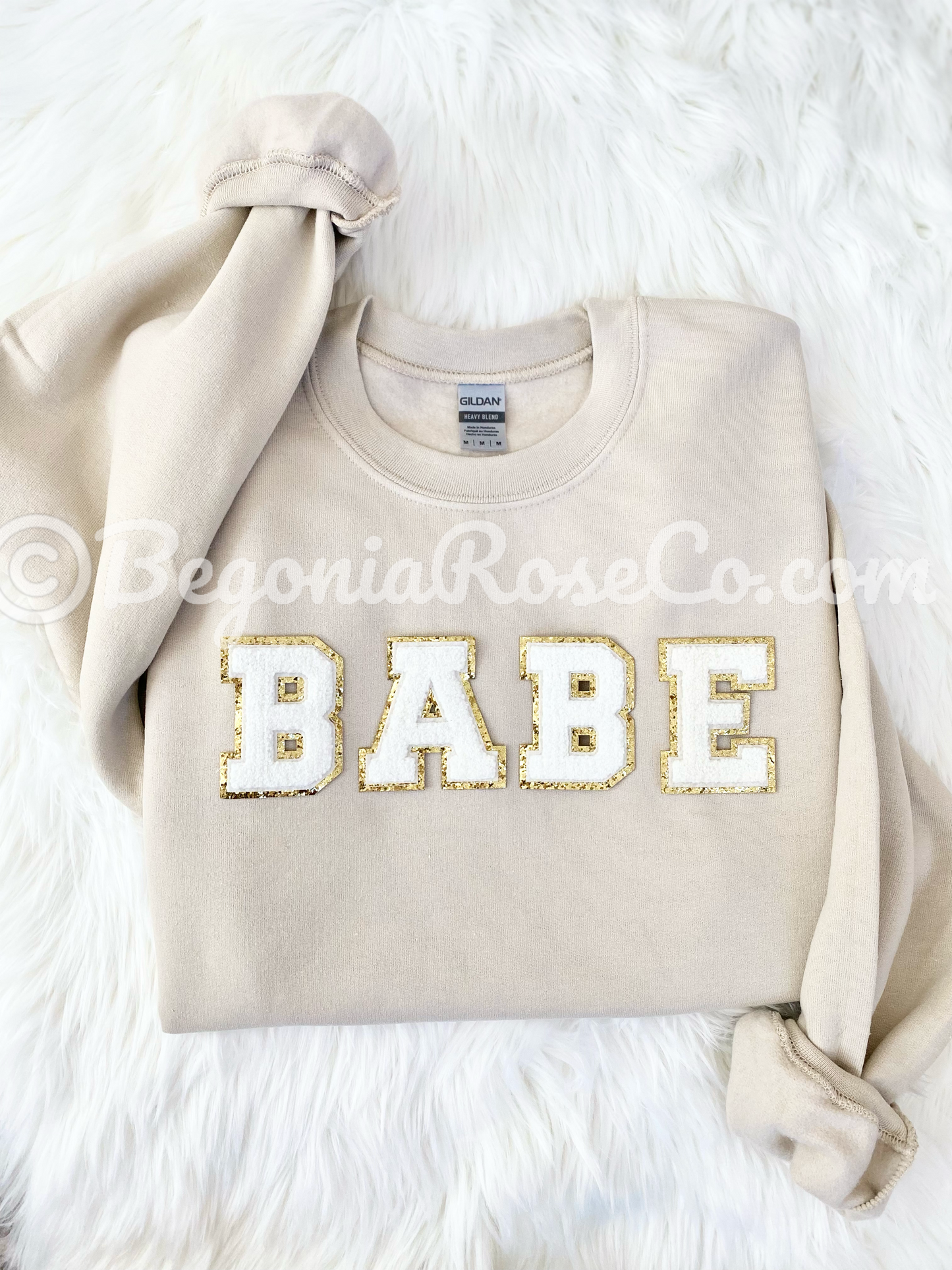 Chenille BABE patch crewneck sweatshirt in white with light pink chenille letters