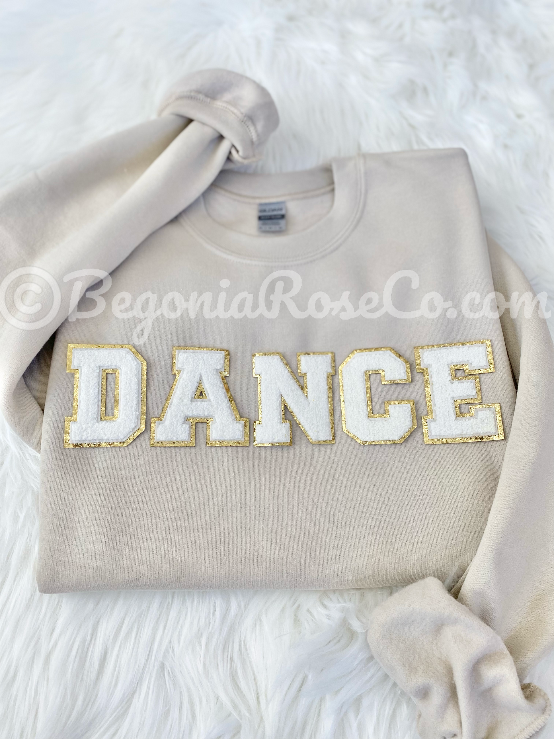 DANCE patch sweatshirt flat lay in grey with light pink chenille letters