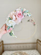 Custom name hoop with realistic faux flowers for nursery
