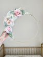 Custom name floral hoop wreath with silk flowers and greenery