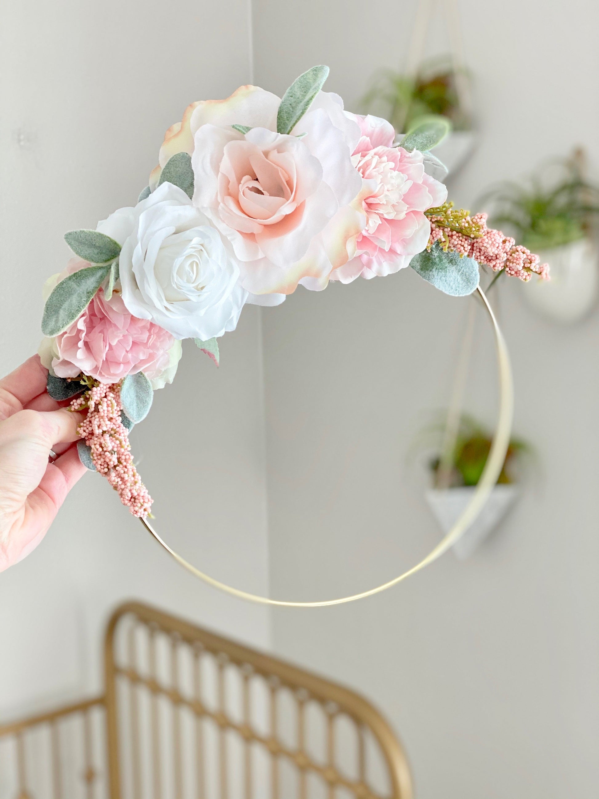 Personalized floral hoop with premium artificial blooms