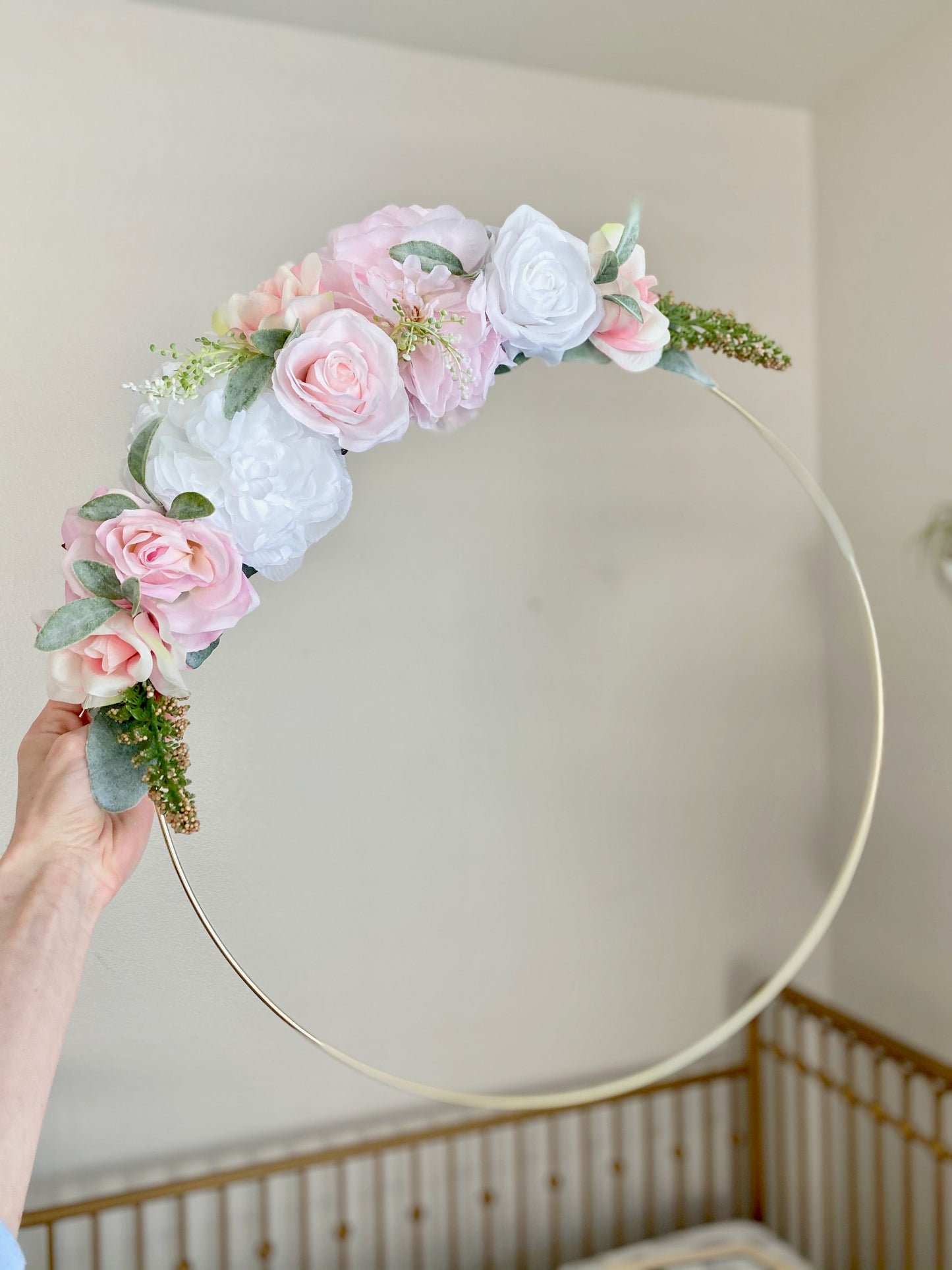 Floral hoop wreath for nursery with personalized lettering