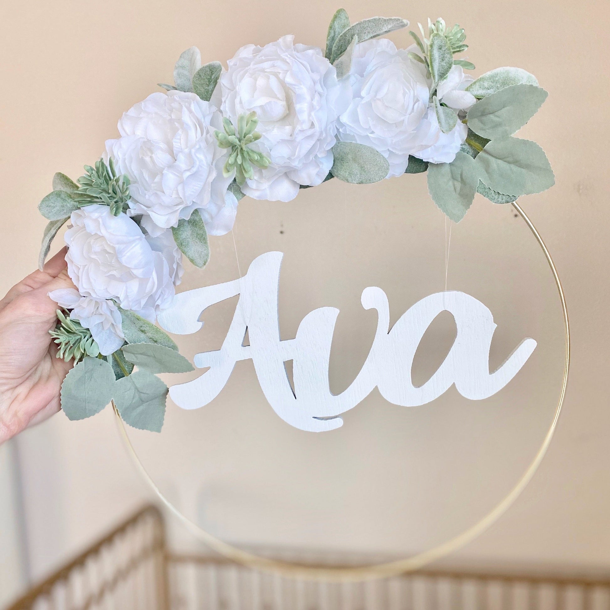 Custom name hoop wreath pastel flowers girl bedroom