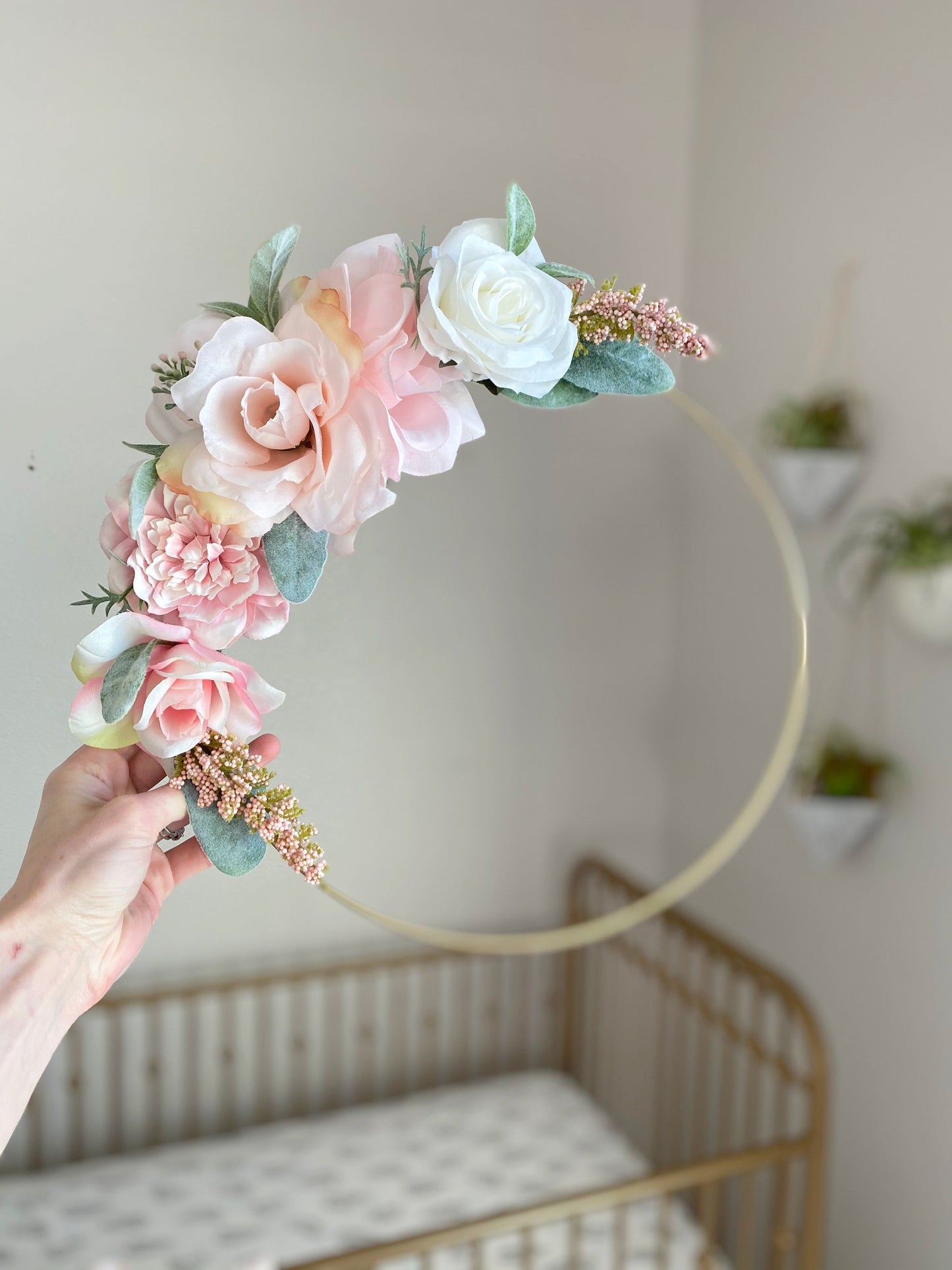Personalized floral hoop arrangement for baby shower gift