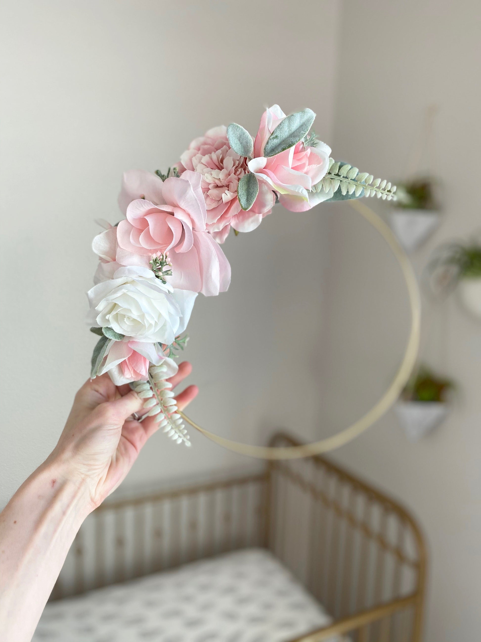 Hand-crafted custom floral hoop with baby name lettering