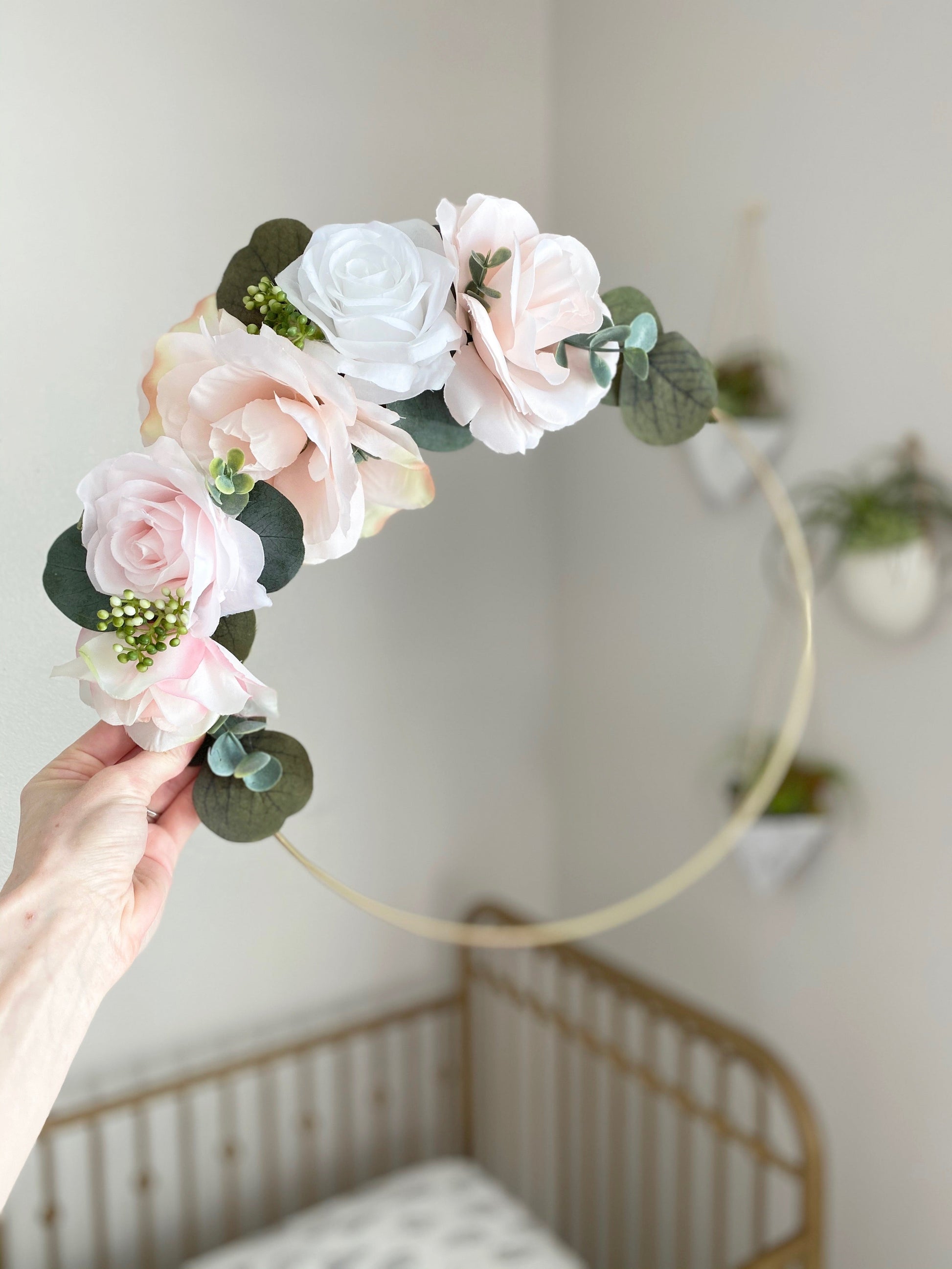 Personalized floral hoop with custom baby name for nursery