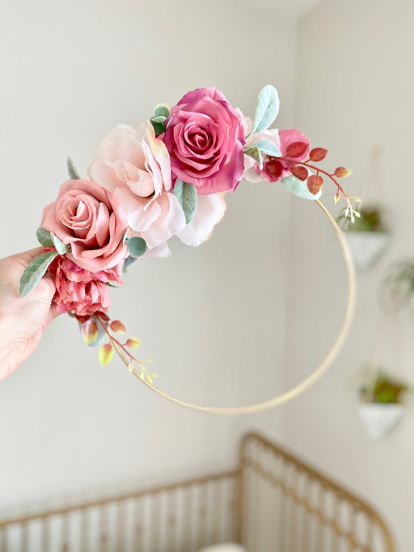 Floral hoop with custom text for nursery wall art decor