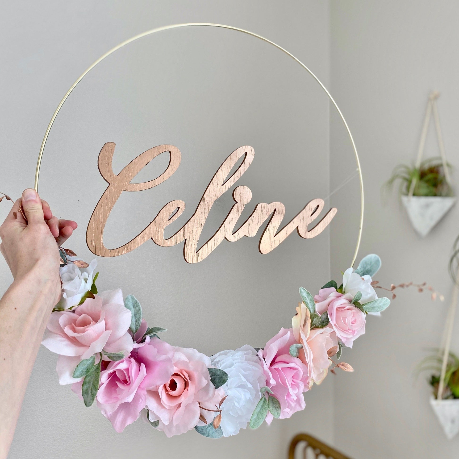 Spring flower hoop wreath custom name sign for nursery