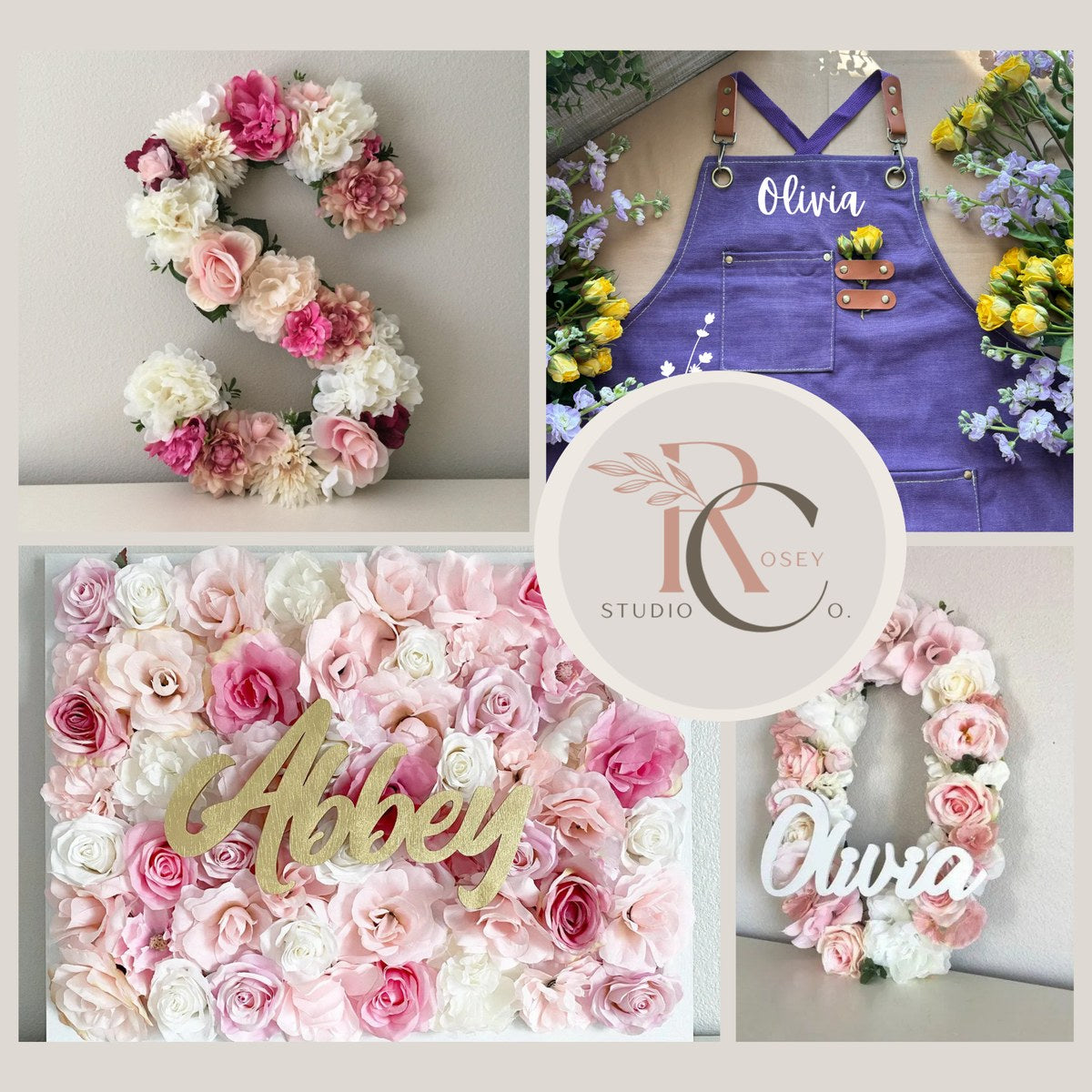 Rosey Studio Co favorites: pink floral letters, a personalized purple garden apron, and a flower wall with a gold name sign