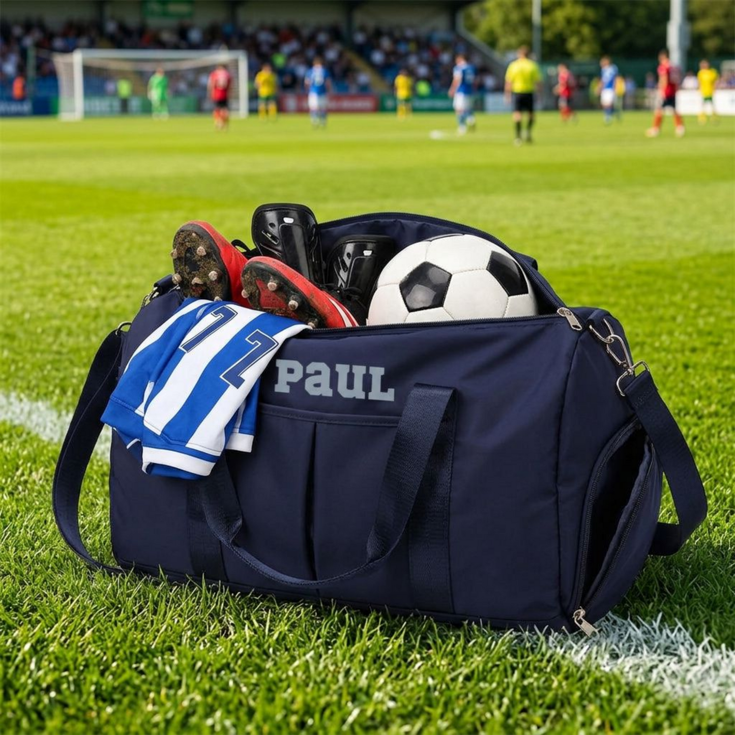 Navy blue sports bag with 'PAUL' branding on a soccer field.