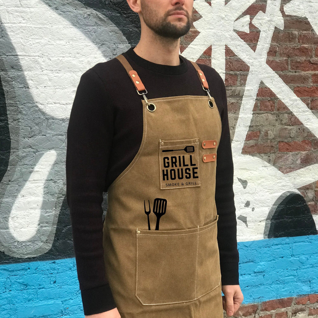Personalized BBQ Grill Apron Heavy Duty Outdoor Cooking Apron with Pockets