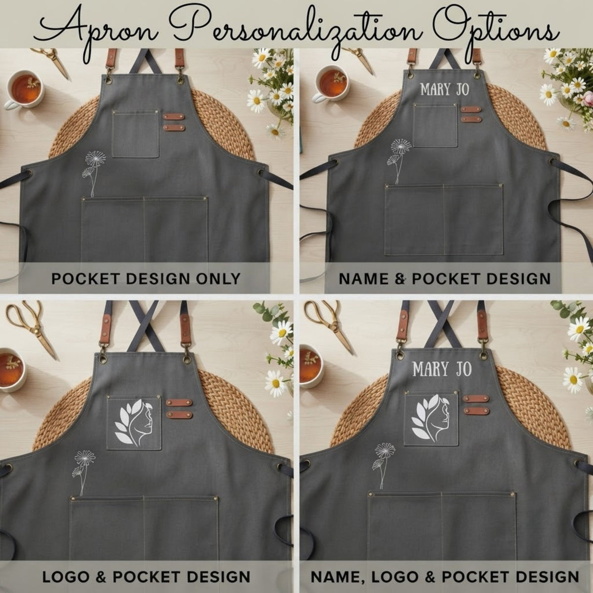 Graphic comparing canvas apron personalization options with daisy logo