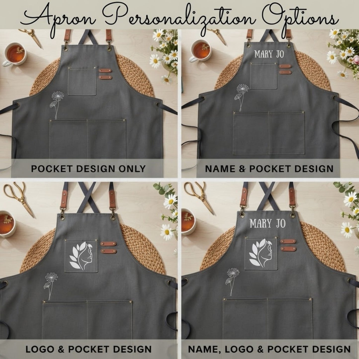 Graphic comparing canvas apron personalization options with daisy logo