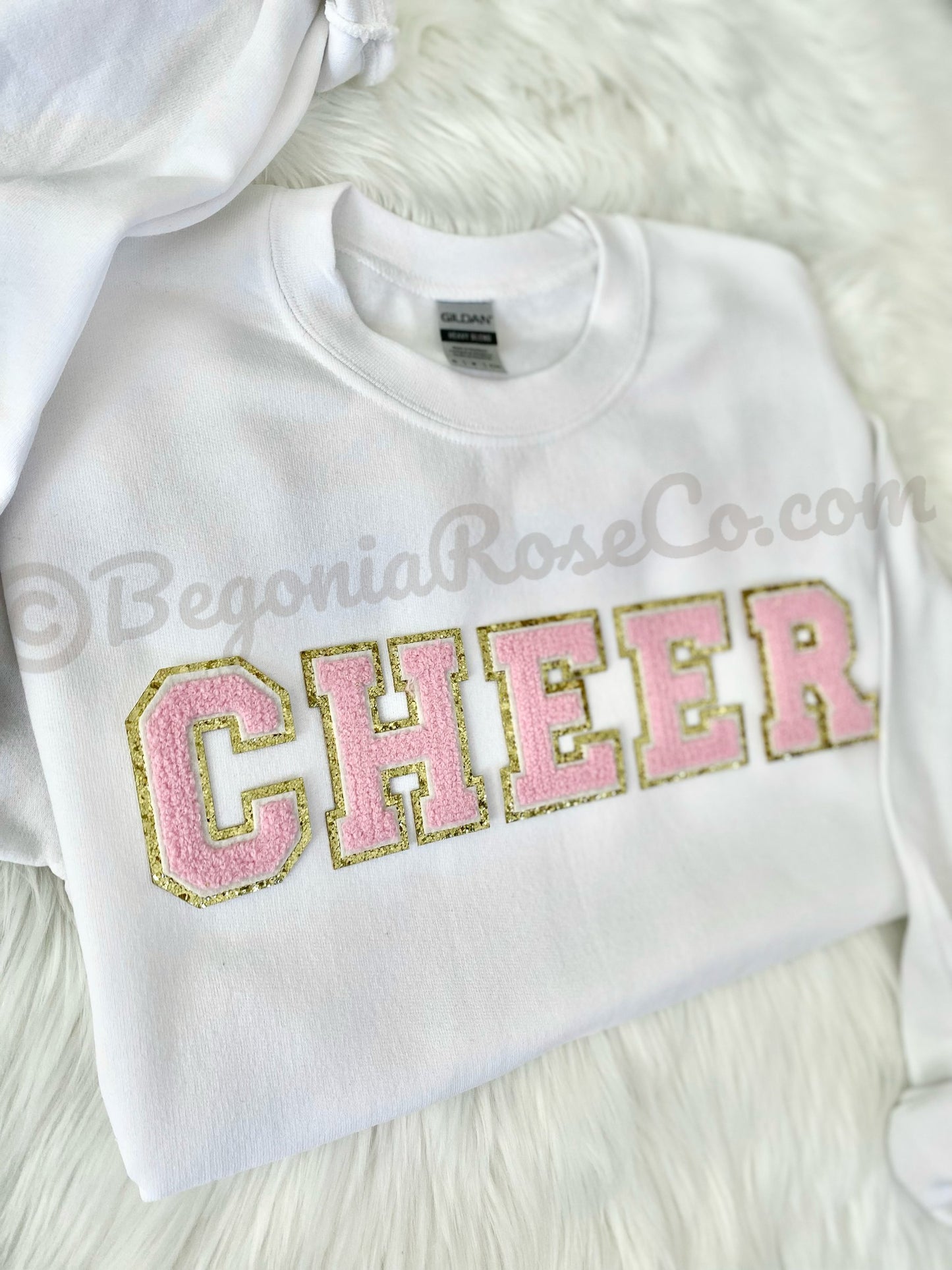 CHEER chenille patch sweatshirt in white - cheerleader crewneck sweatshirt