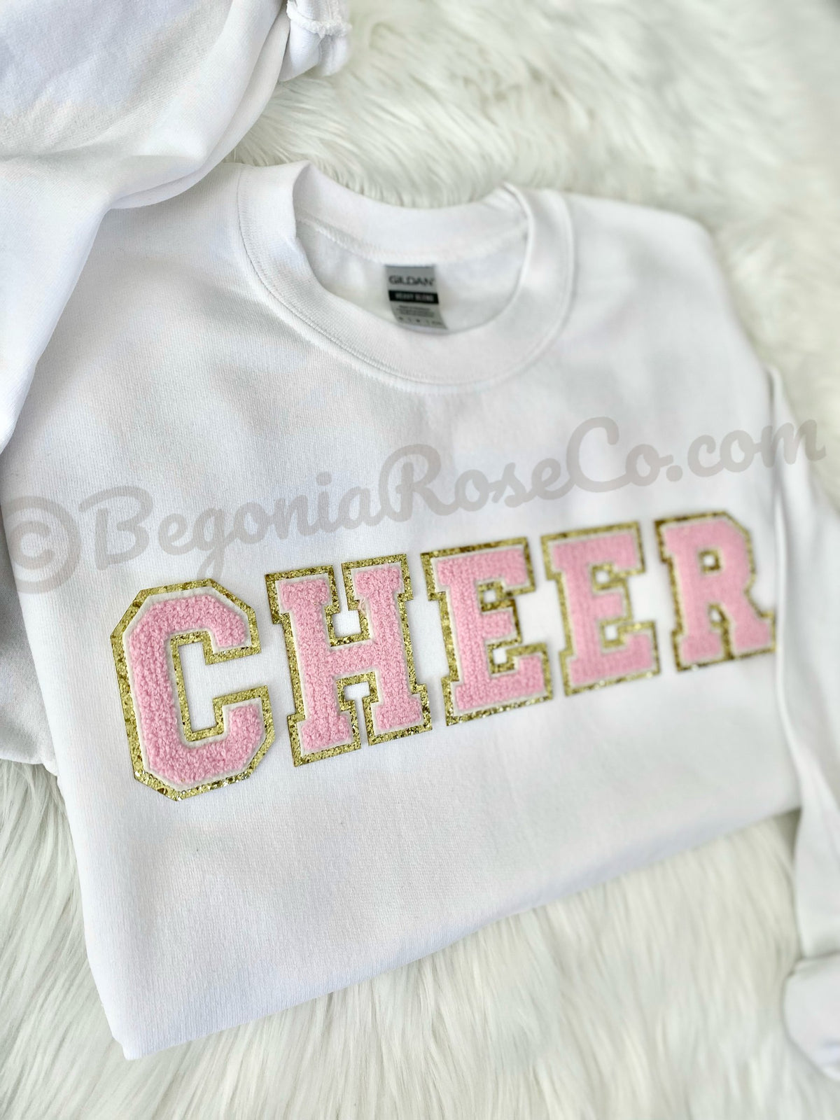Chenille CHEER patch crewneck sweatshirt in white with light pink patch - cheerleader gift