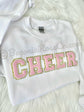 Chenille CHEER patch crewneck sweatshirt in white with light pink patch - cheerleader gift