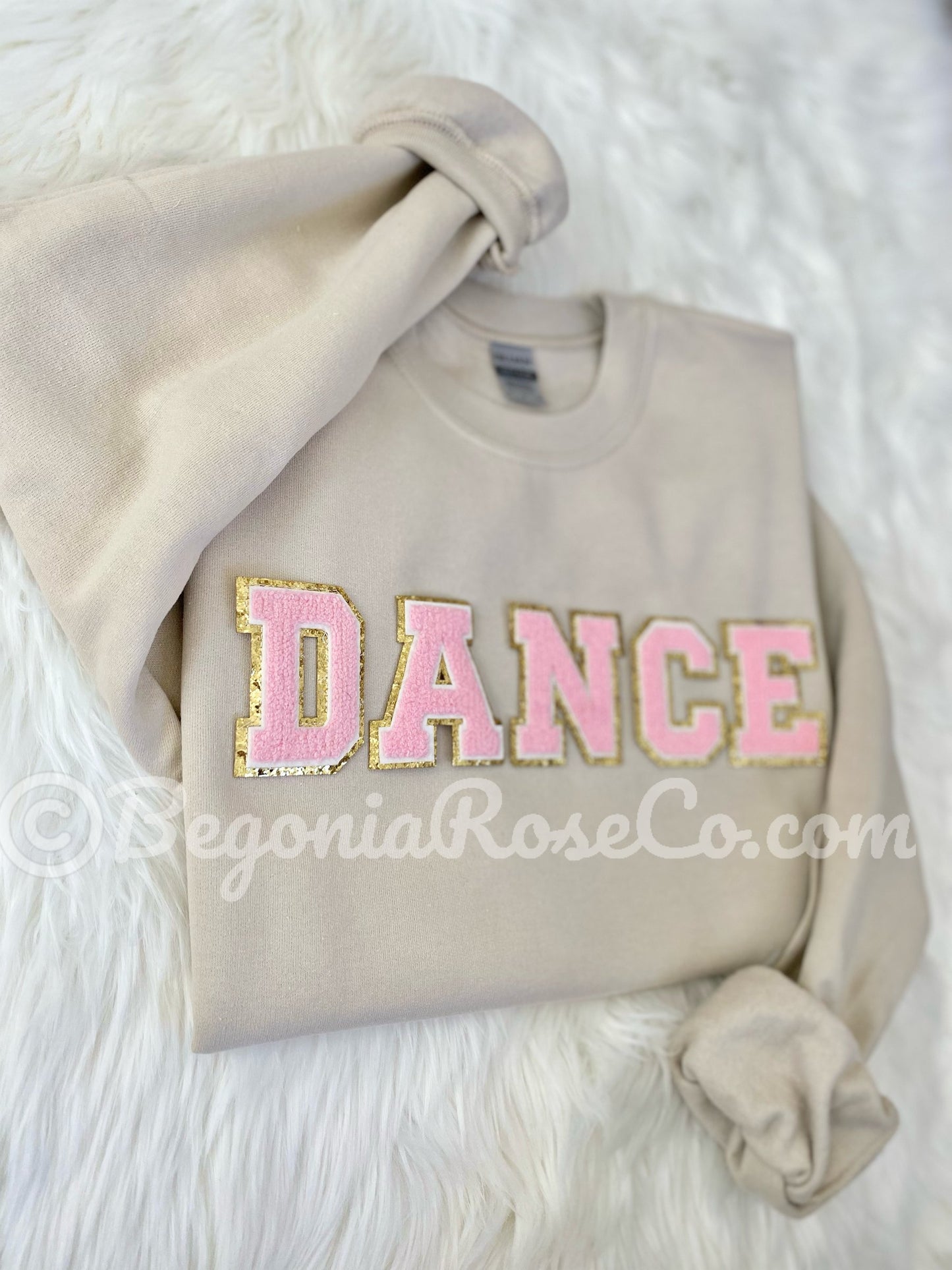 DANCE patch sweatshirt in black with light pink chenille letters - dance recital gift