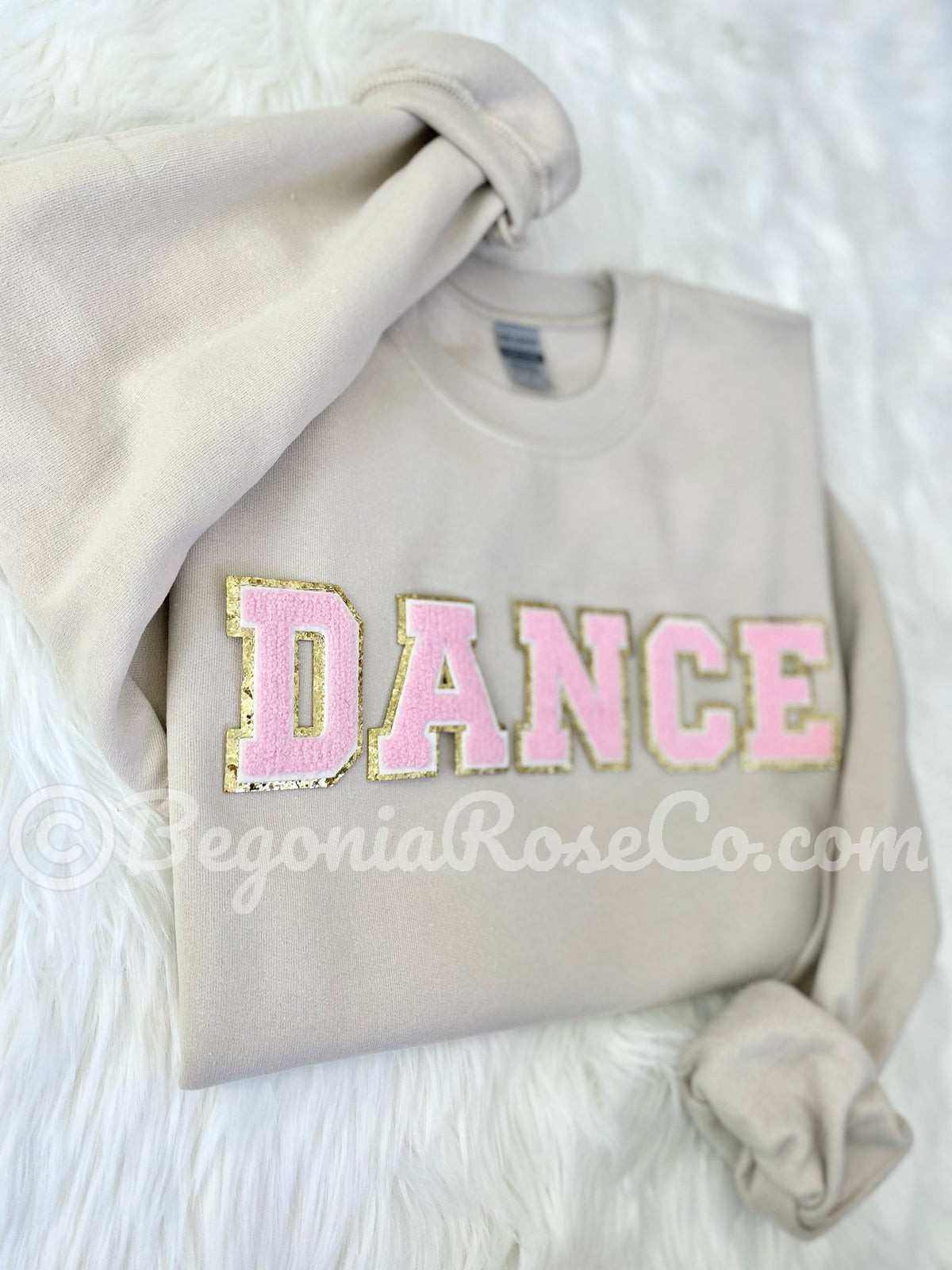 Chenille DANCE sweatshirt front view showing patch placement and elastic cuffs