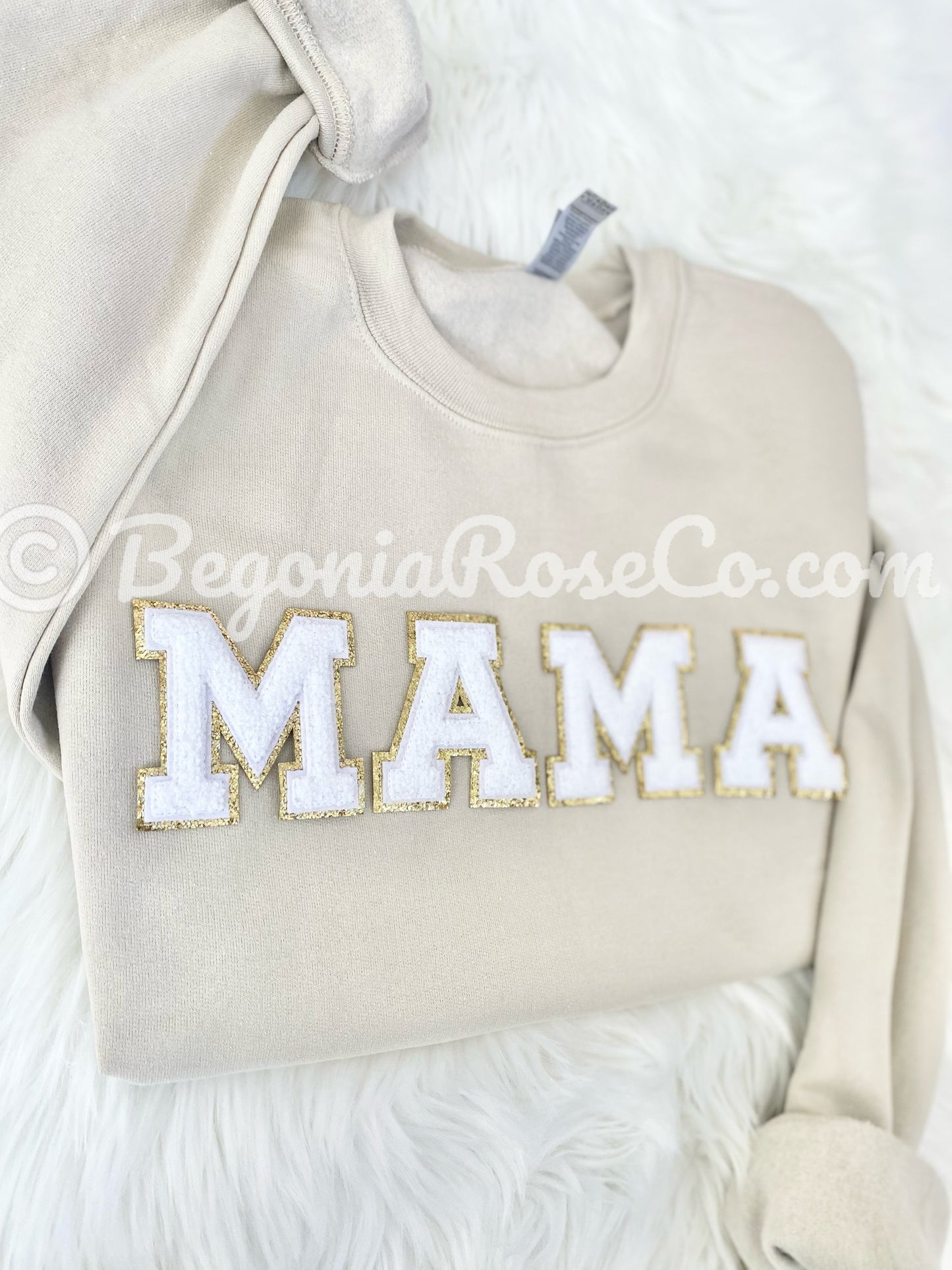 Chenille MAMA Patch Sweatshirt patch color options light pink aqua medium pink