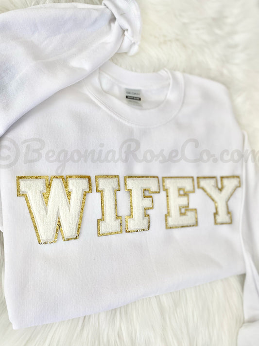 WIFE chenille patch crewneck sweatshirt in white - wife sweatshirt gift