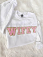 WIFE patch sweatshirt in black with aqua chenille letters - honeymoon shirt