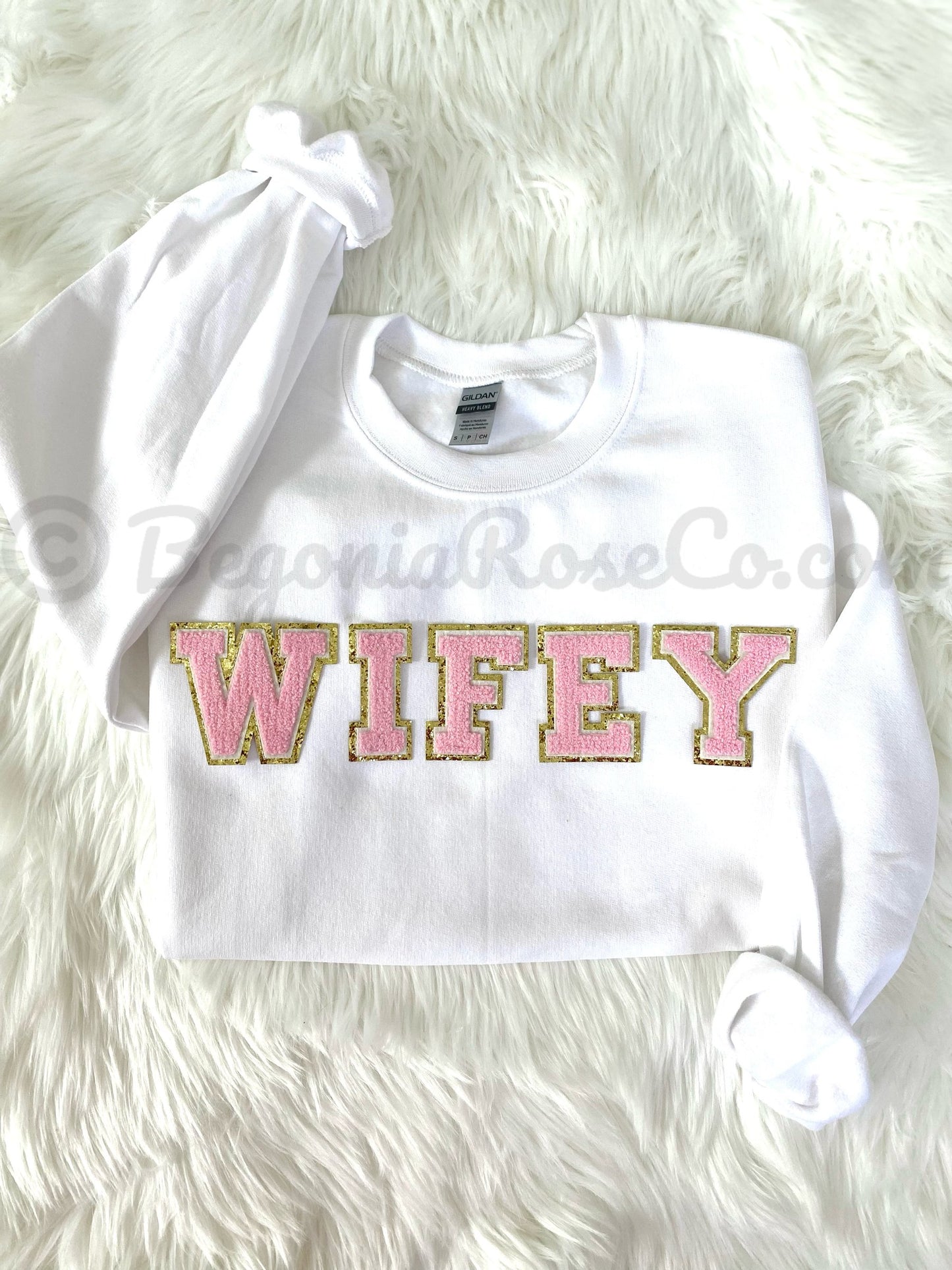 WIFEY patch sweatshirt in sand with cream white patch - bridal shower gift