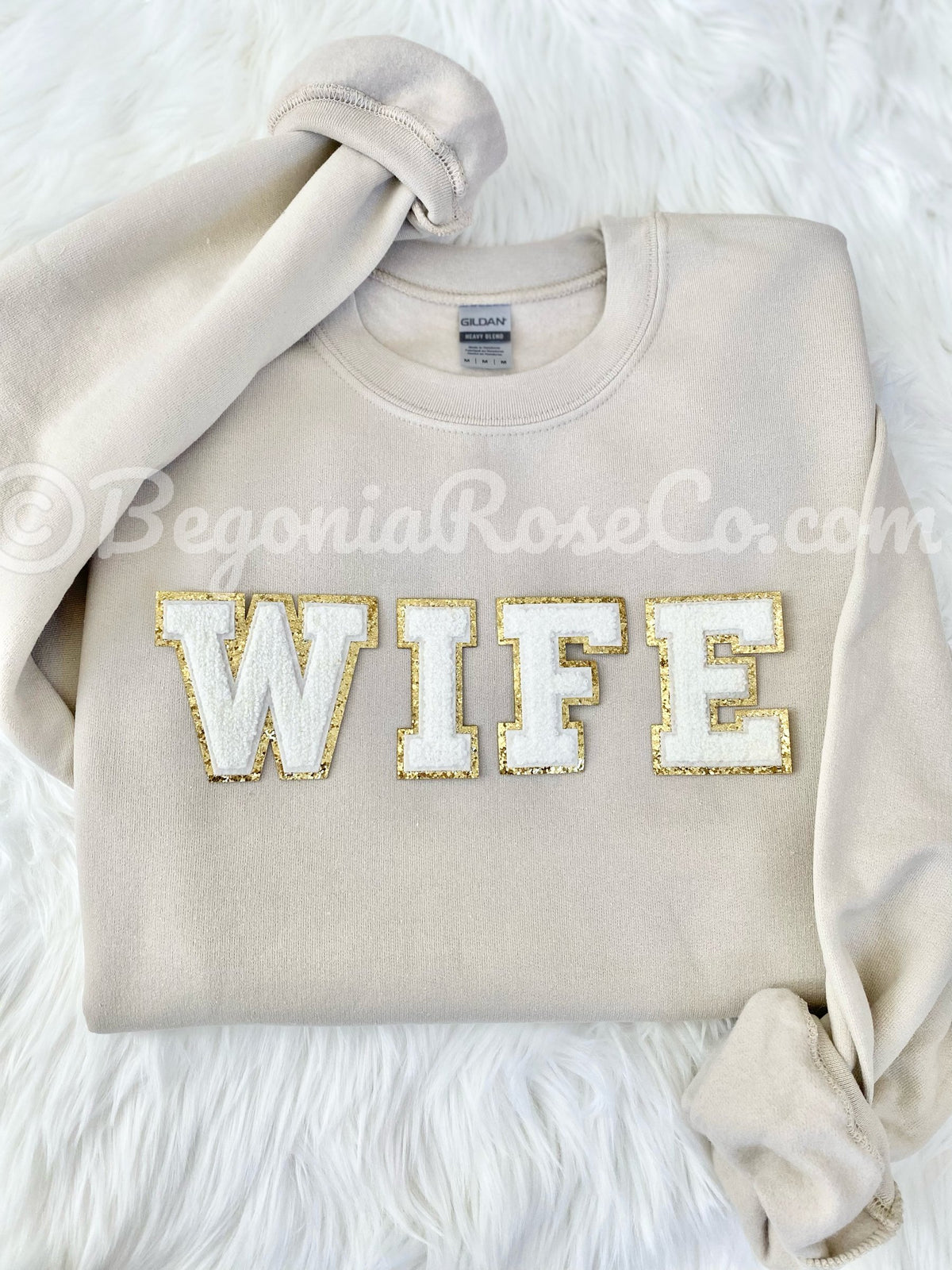 WIFE WIFEY chenille patch sweatshirt in white close-up - wifey gift