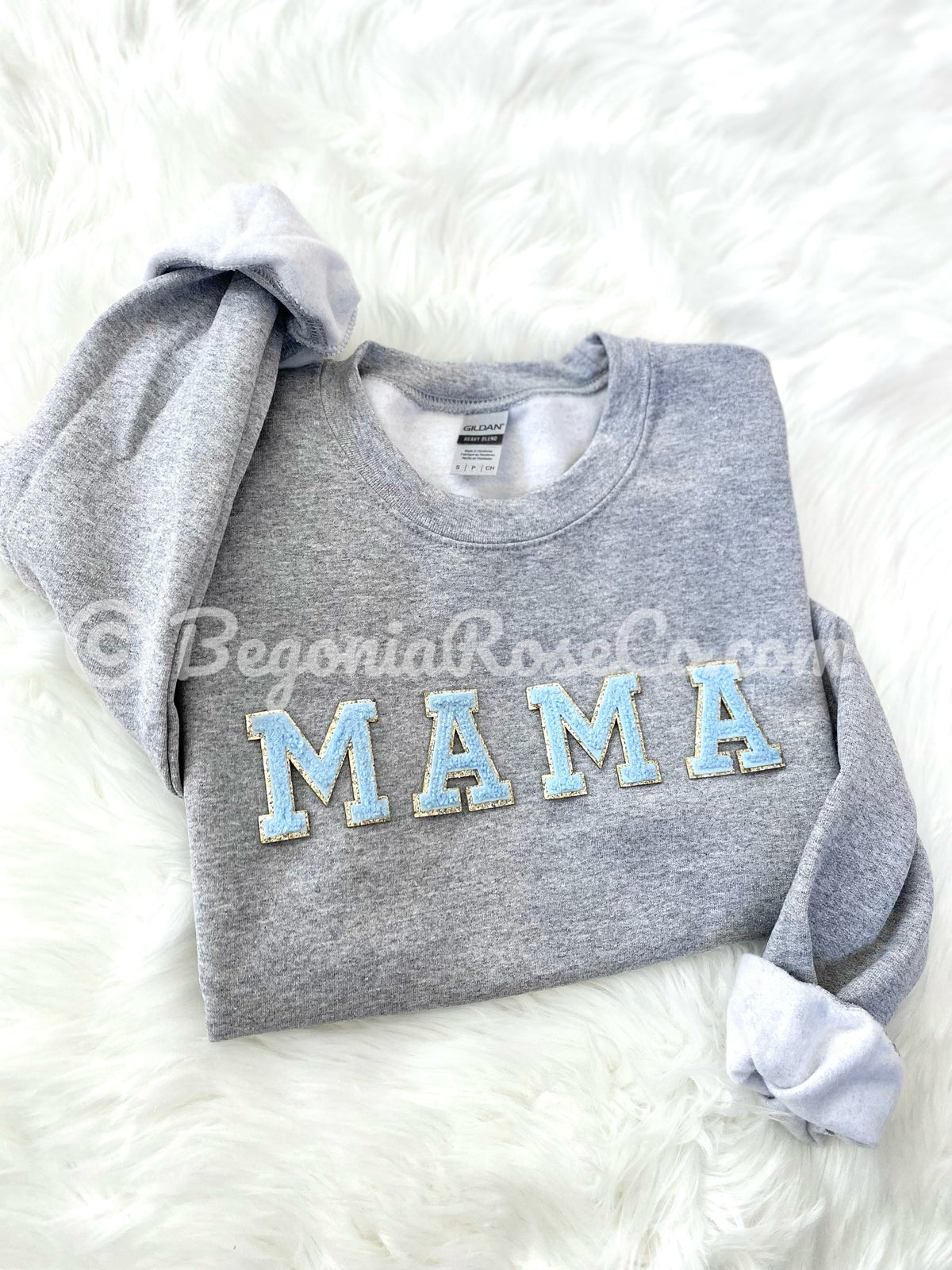 Heather gray crewneck sweatshirt with a blue chenille MAMA patch