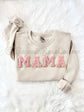 Beige sweatshirt with pink and gold outlined chenille MAMA patch on fuzzy background