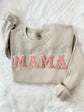 Beige crewneck sweatshirt with pink chenille MAMA patch and gold outline