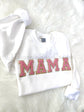 White crewneck sweatshirt with pink and gold chenille MAMA patch