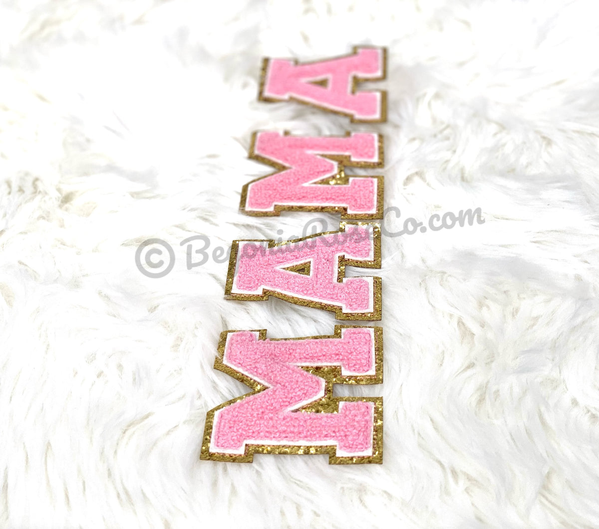 MAMA peachy pink chenille script letter patches sew on iron on