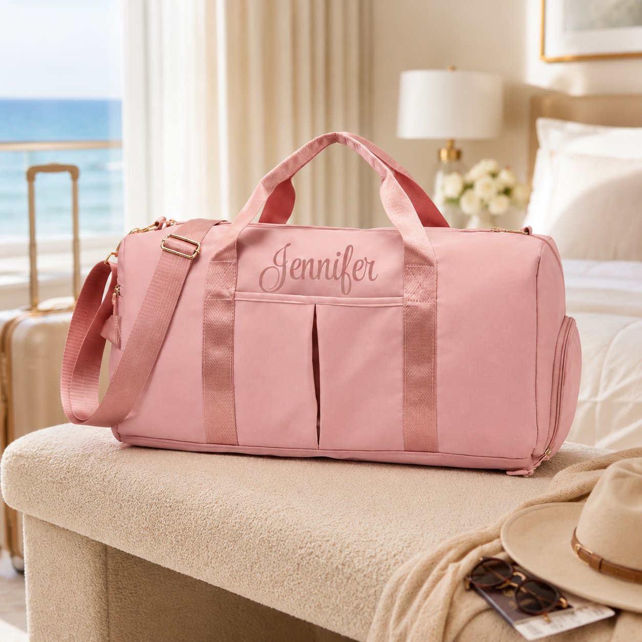 Pink weekender duffel bag with a custom name by a sunny bedroom window