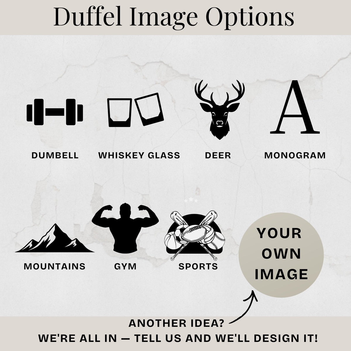 Graphic of duffel bag icon options like dumbbell deer and monogram