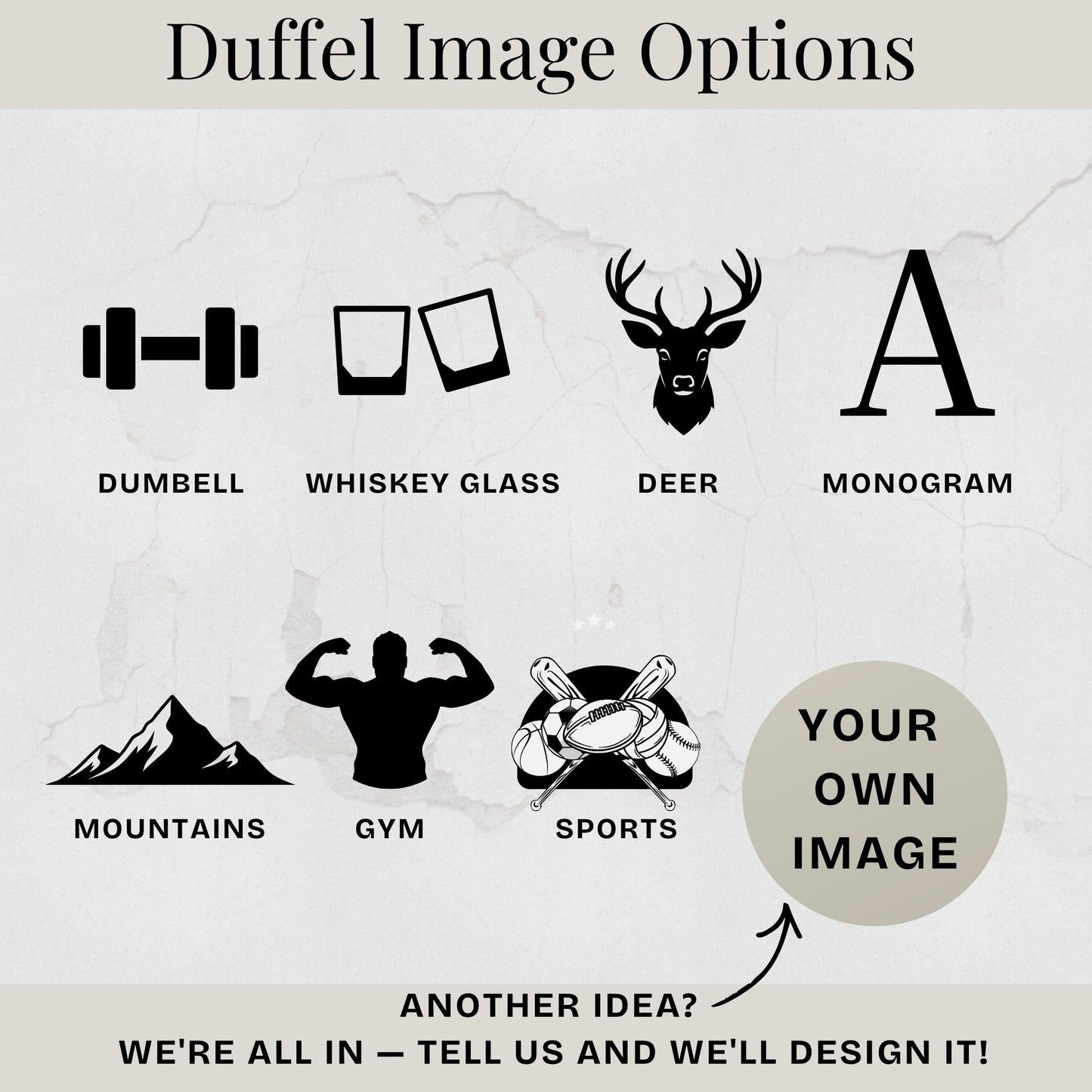 Graphic of duffel bag icon options like dumbbell deer and monogram
