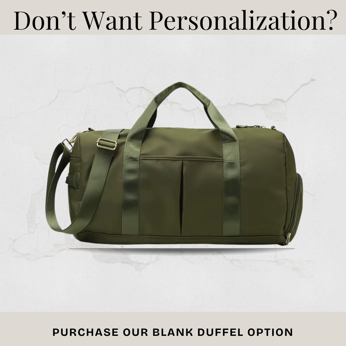 Graphic offering the olive green weekender duffel in a blank option